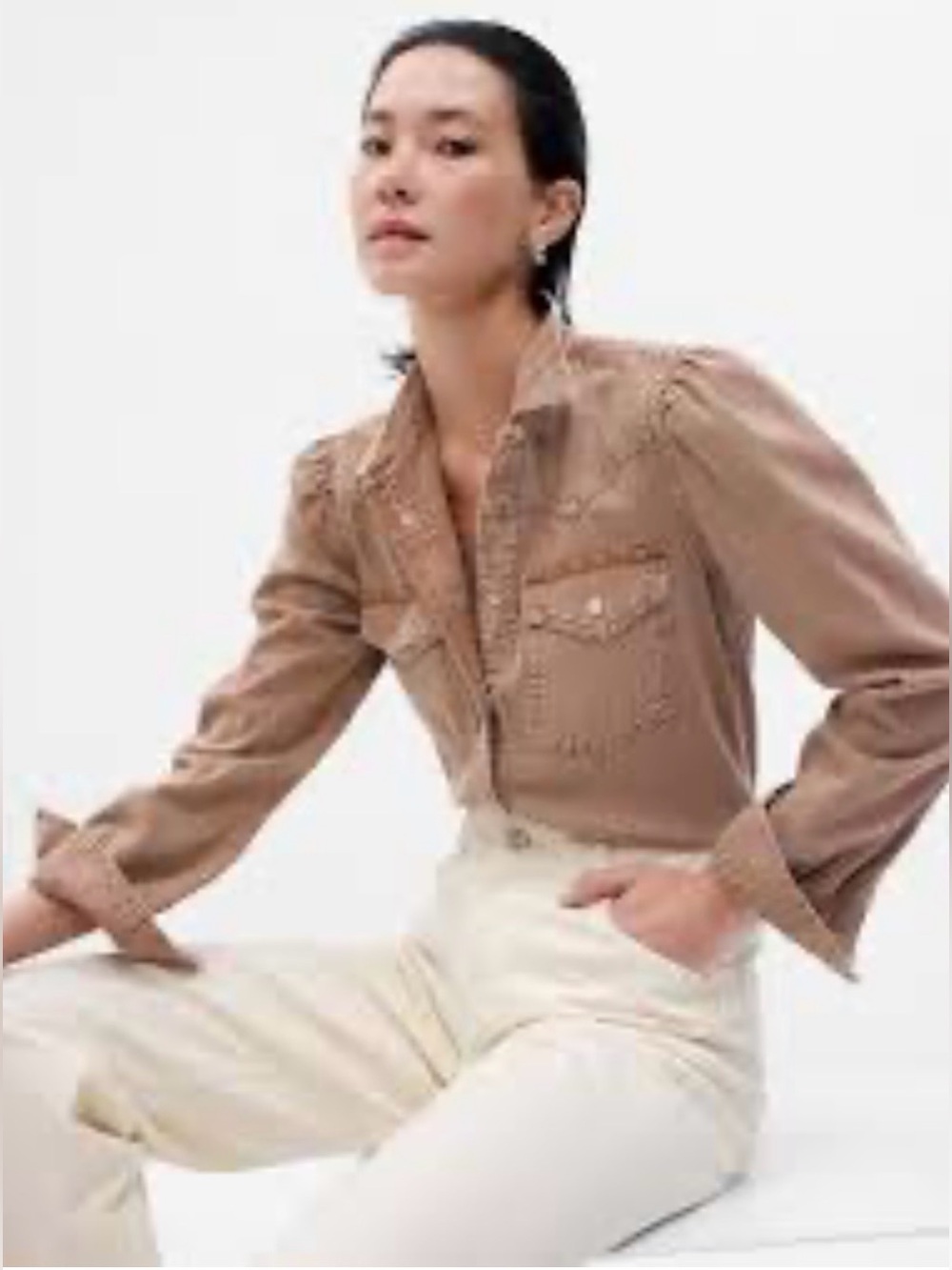 GAP Denim Western Button Down Long Sleeve Shirt Pearl Snap Mojave Brown